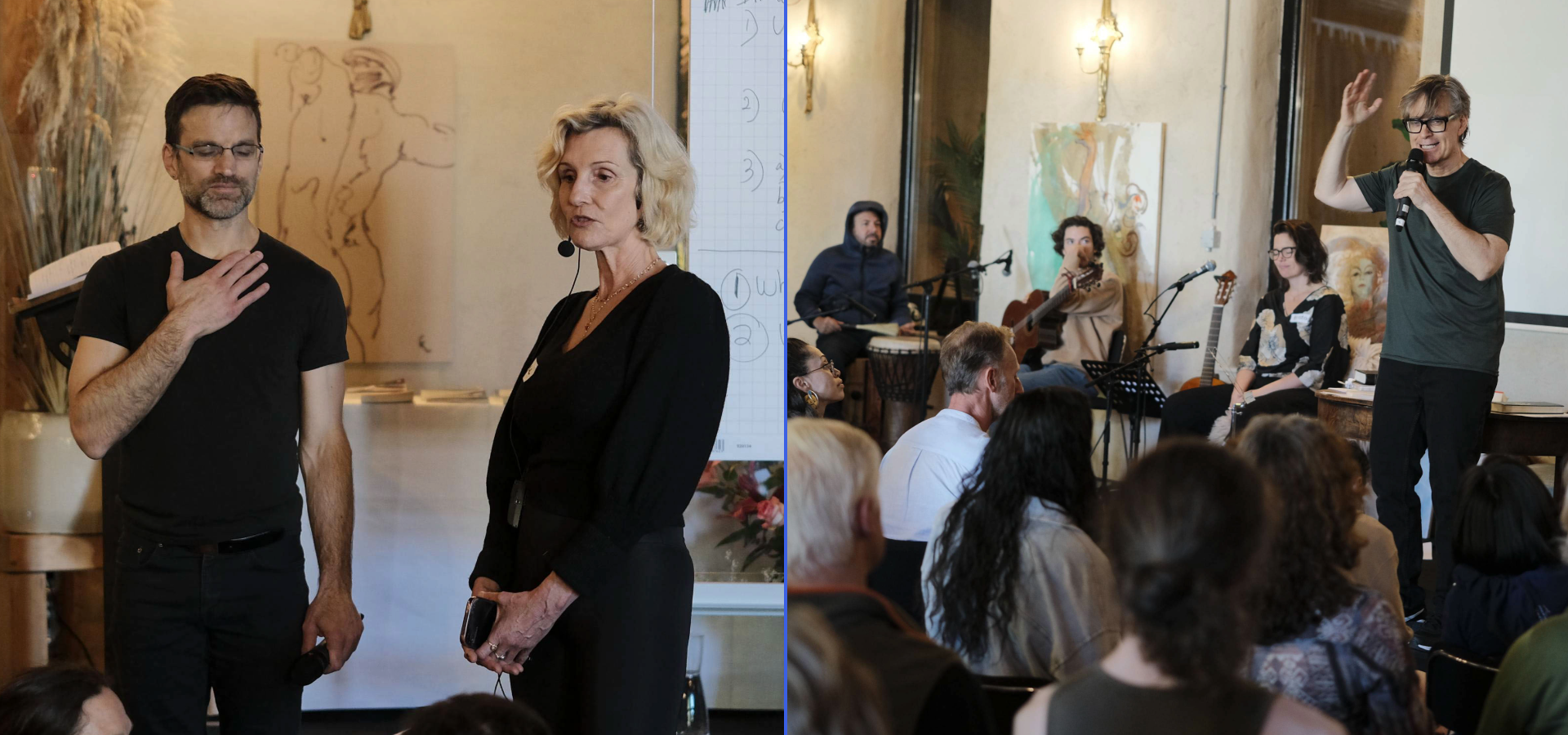 Dr. Marc Gafni and Dr. Kristina Kincaid standing together, and Dr. Marc teaching a seated circle of students