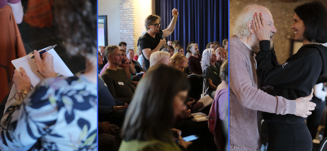 Three moments of study at Who We Must Become: a student taking notes, a participant speaking into a microphone in a full room, and two people embracing